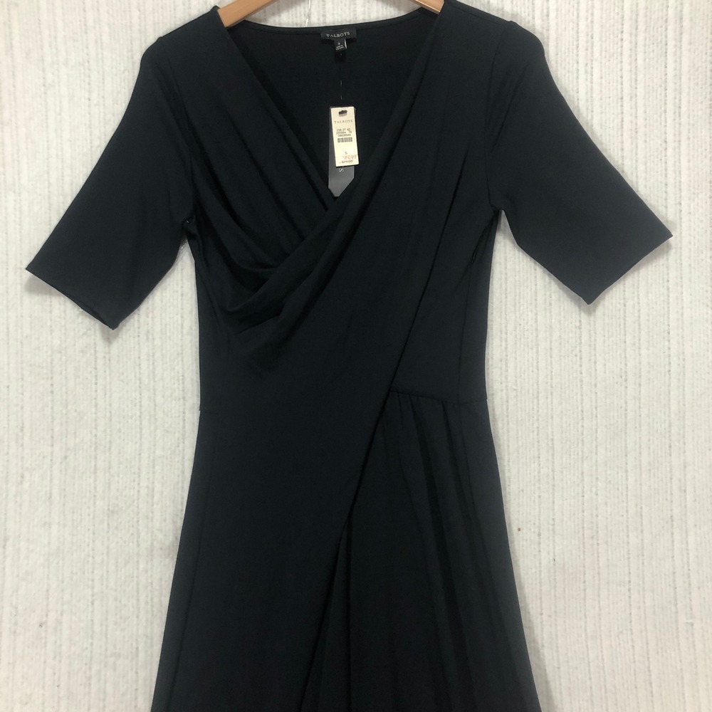 Talbots Black‎ V Neck Faux Wrap Midi Dress Size S
